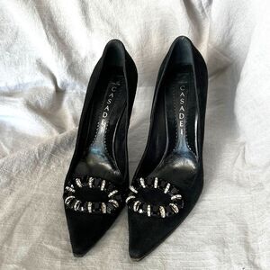 Casadei suede wedge shoes embellished rhinestone pointed toe glam black pumps 39